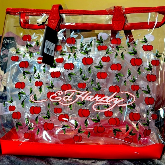 ED HARDY CHERRY LARGE CLEAR TOTE NWT - Picture 8 of 10